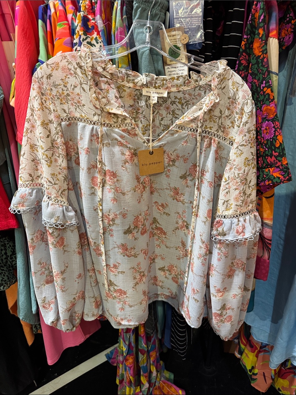 Blu Pepper Floral Peasant Blouse in Light Blue, Cream, and Pink